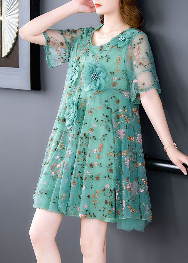 Italian Green O Neck Embroidered Tulle Mid Dress Summer OP1078