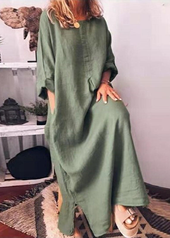 Italian Green O Neck Pockets Cotton Long Dress Fall QR013