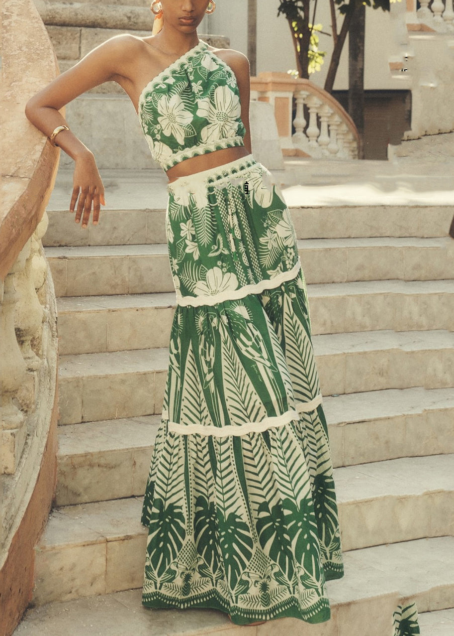 Print Maxi Green Pieces Skirts And Italian One Top Two Shoulder