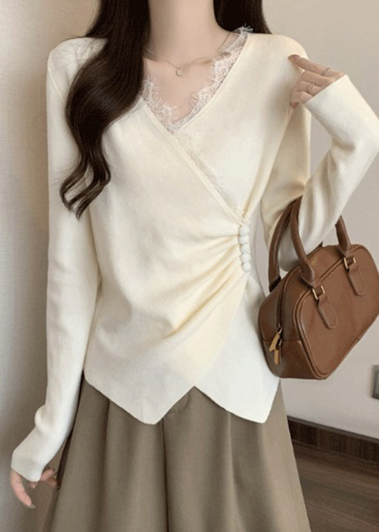 Italian Grey Asymmetrical Lace Patchwork Knit Sweaters Spring TN037