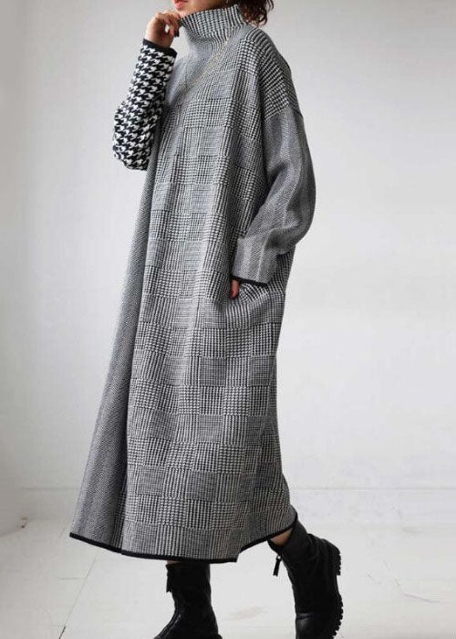 Italian Grey Plaid Hign Neck Patchwork Long Knit Dress Fall WE018