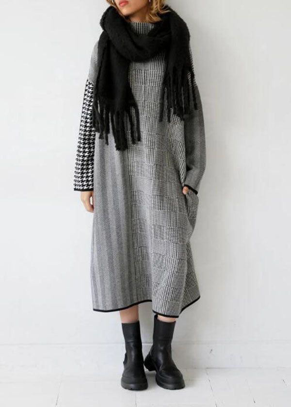 Italian Grey Plaid Hign Neck Patchwork Long Knit Dress Fall WE018