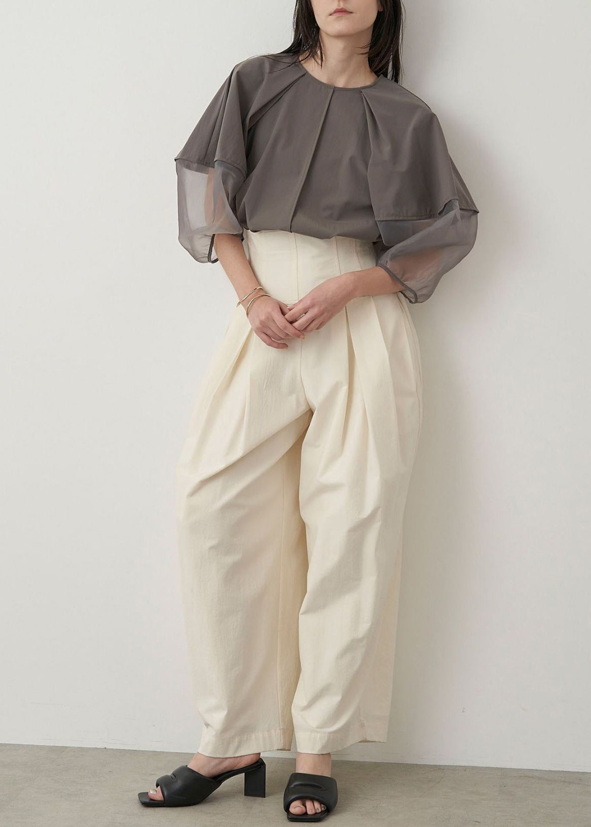 Italian Grey Organza Tops Patchwork Sleeve Summer Puff Shirt