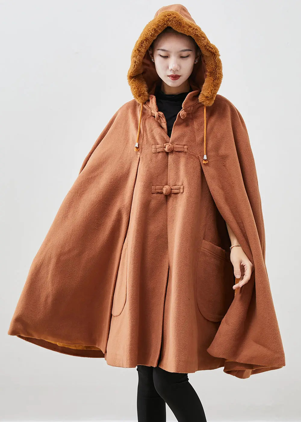 Italian Khaki Fur Collar Oversized Warm Fleece Coat Cloak Sleeves Ada Fashion