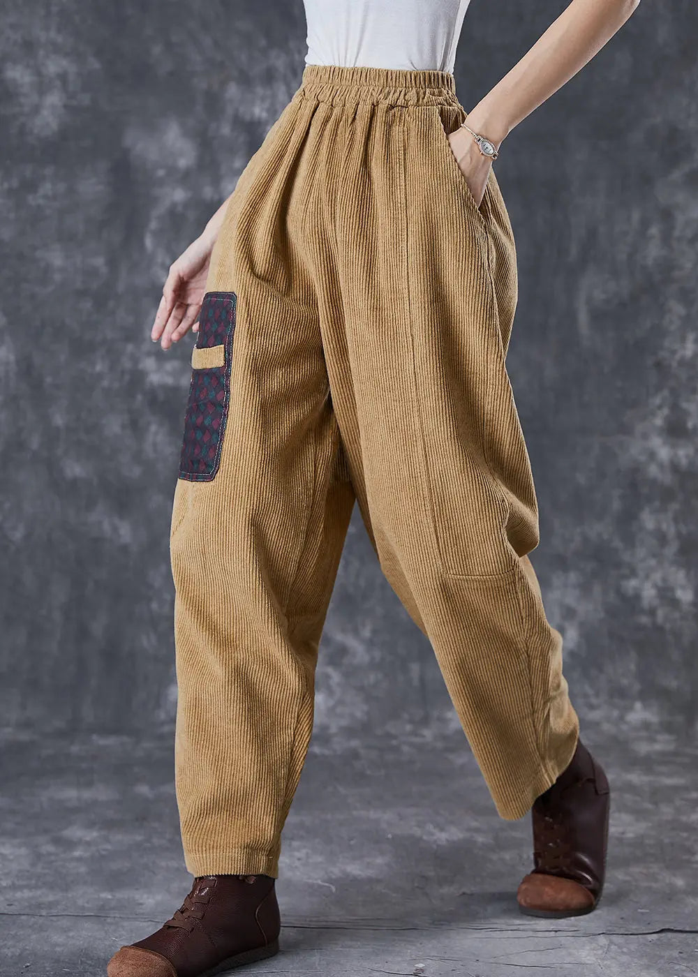 Italian Khaki Oversized Patchwork Applique Corduroy Pants Trousers Spring Ada Fashion