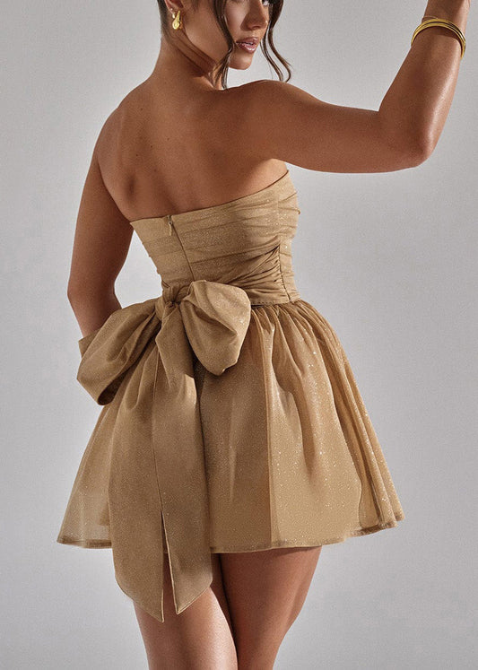 Sequins Summer Mini Khaki Strapless Dresses Italian Tulle