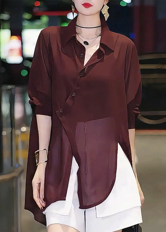 Chiffon Mulberry Shirts Italian Patchwork Asymmetrical Summer