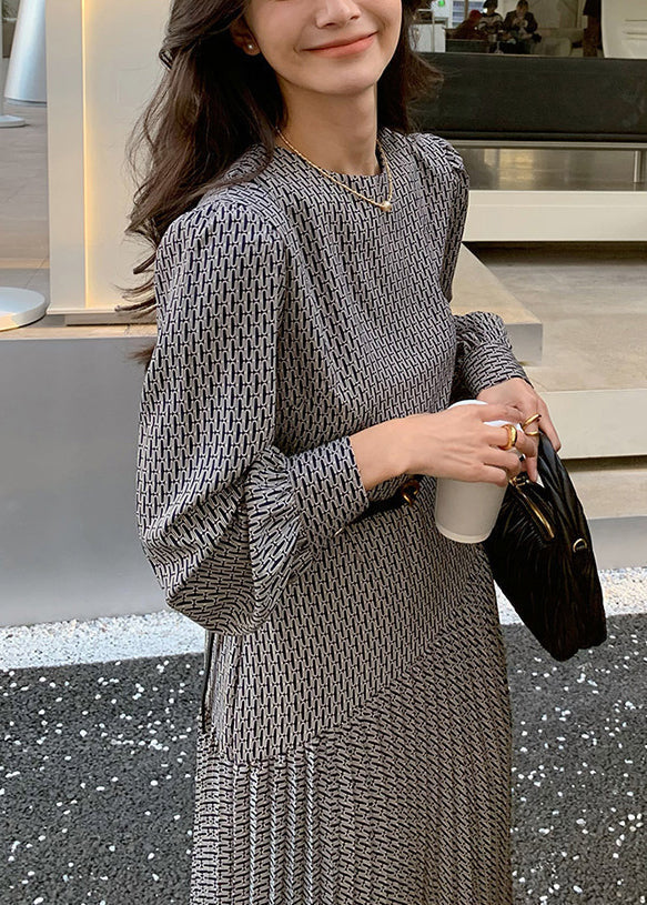 High Cotton Long Italian Dresses Waist Print O-Neck Navy Fall