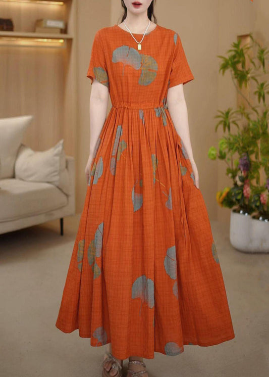 Maxi Cotton Cinched Orange Dresses Print Summer Italian