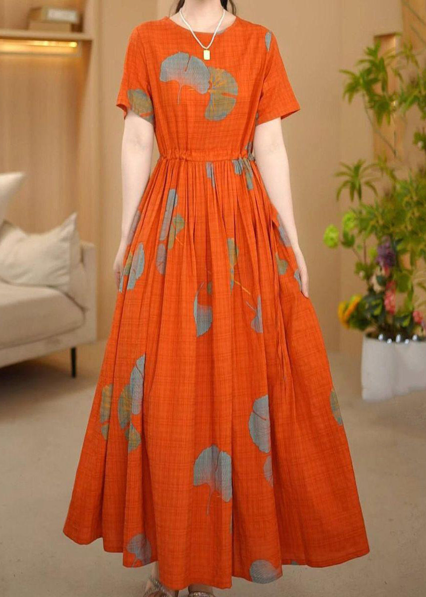 Maxi Cotton Cinched Orange Dresses Print Summer Italian