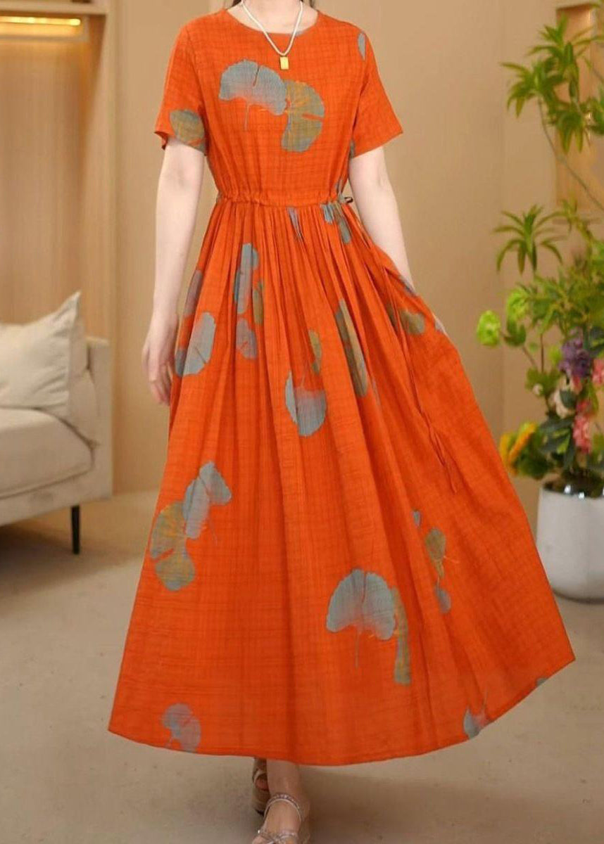 Summer Italian Dresses Cotton Maxi Print Cinched Orange