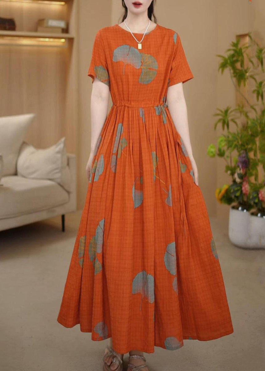Summer Italian Dresses Cotton Maxi Print Cinched Orange