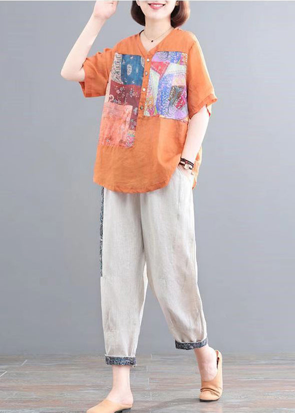 Linen Summer Print Set Two Italian Pieces Oversized Orange