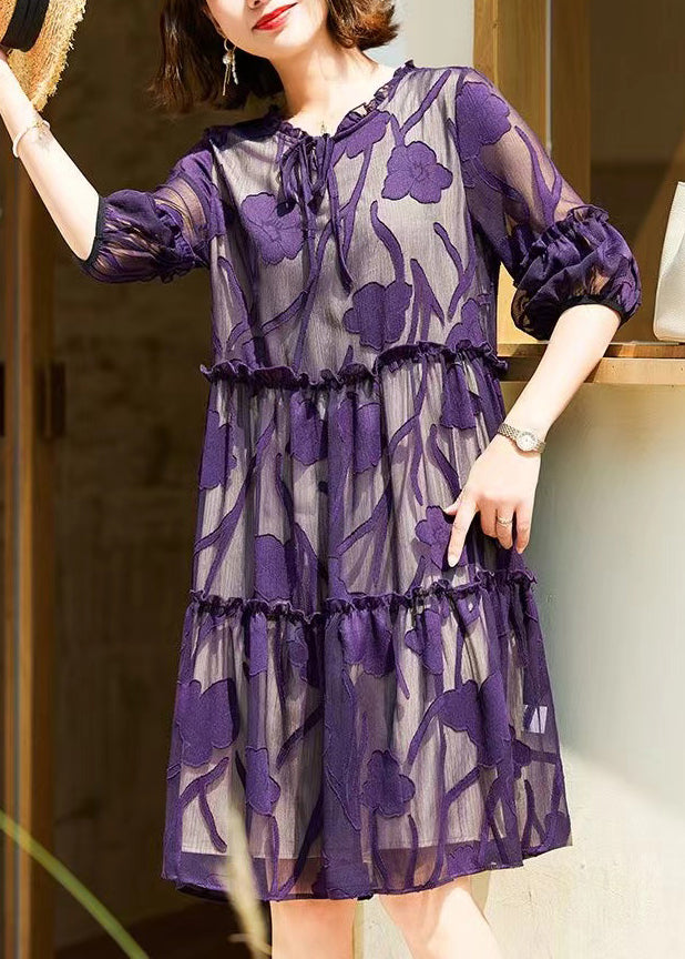 Robe en mousseline de soie à lacets et volants violets italiens à demi-manches OP1011