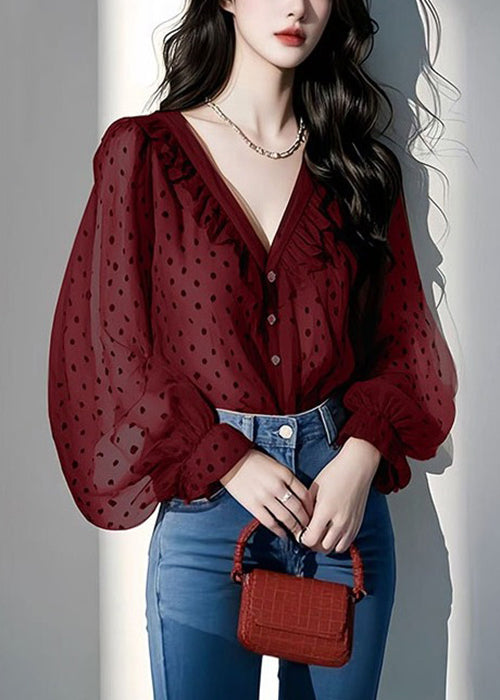 Italian Ruffled Spring V Purple Shirts Chiffon Dot Neck