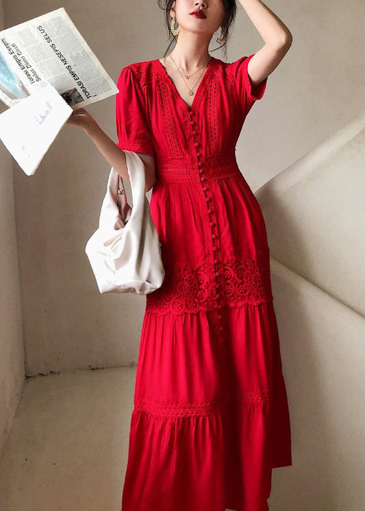 Summer Cotton Italian Button Lace Shirts Out Dress Hollow Red