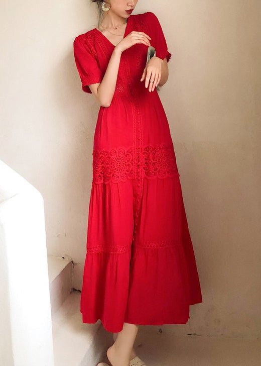 Summer Cotton Italian Button Lace Shirts Out Dress Hollow Red
