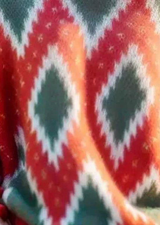 Italian Red Hign Neck Geometric Print Woolen Short Sweater Spring YY020