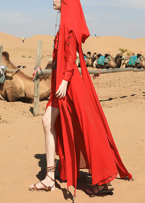 Bead V Italian Chiffon Neck Dress Nail Fall Tasseled Maxi Red