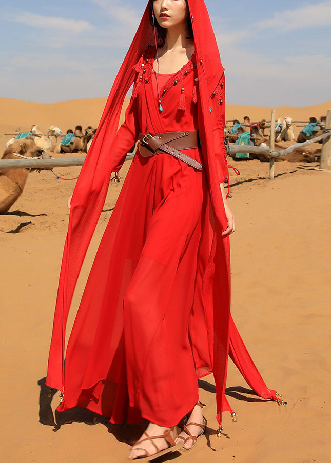 Bead V Italian Chiffon Neck Dress Nail Fall Tasseled Maxi Red