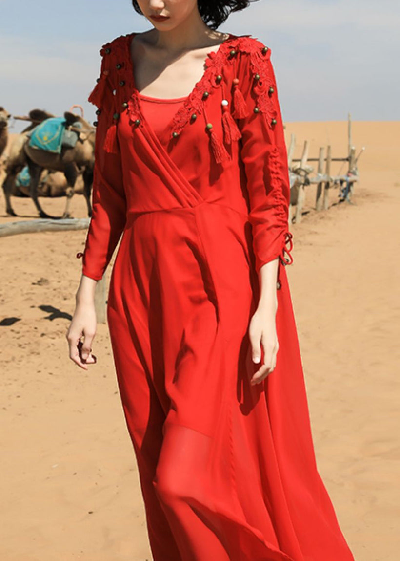 Bead V Italian Chiffon Neck Dress Nail Fall Tasseled Maxi Red