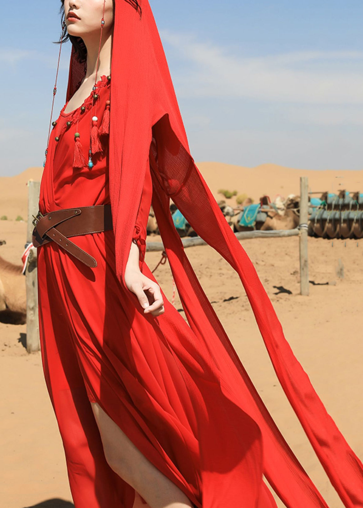 Bead V Italian Chiffon Neck Dress Nail Fall Tasseled Maxi Red