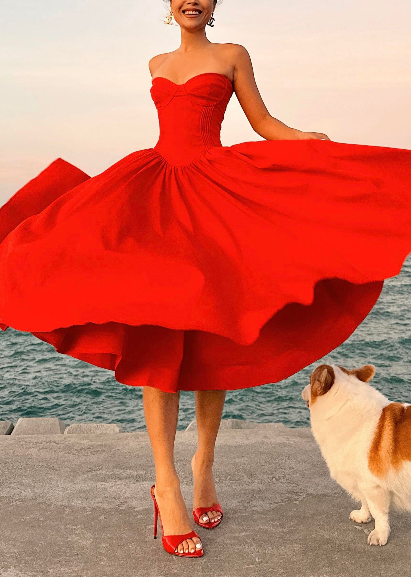 Strapless Summer Cotton Italian Patchwork Red Dress Wrinkled