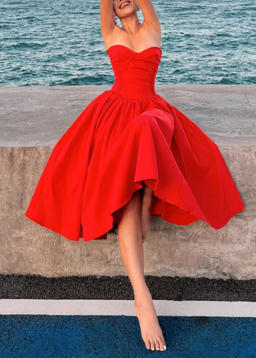 Strapless Summer Cotton Italian Patchwork Red Dress Wrinkled