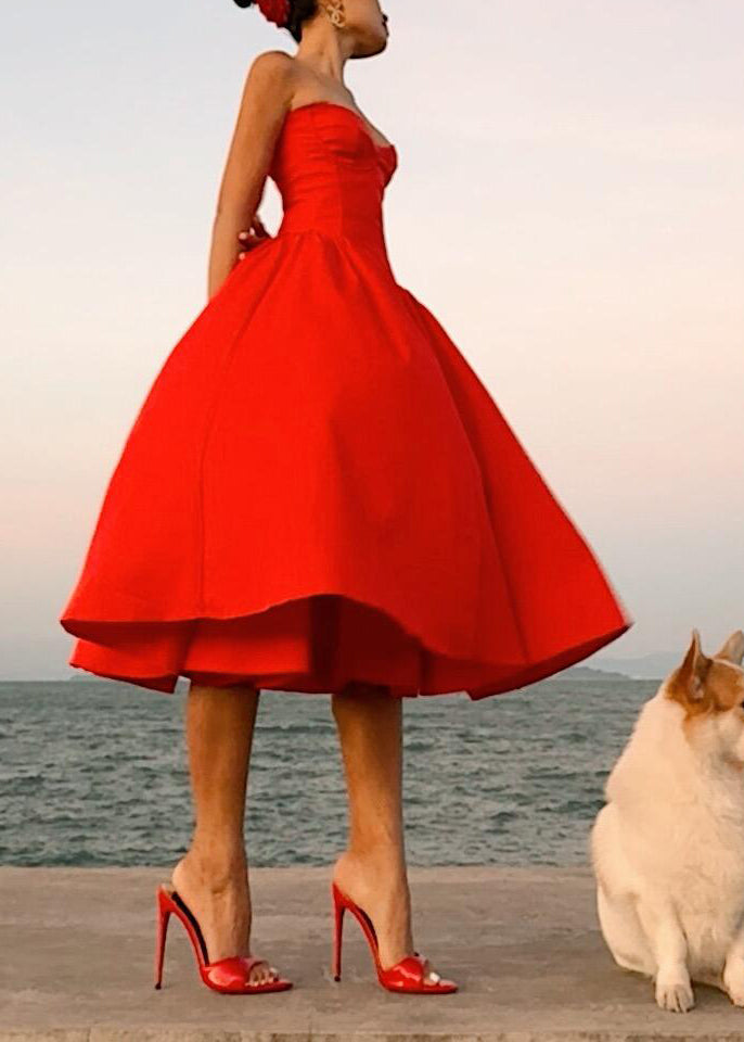 Strapless Summer Cotton Italian Patchwork Red Dress Wrinkled