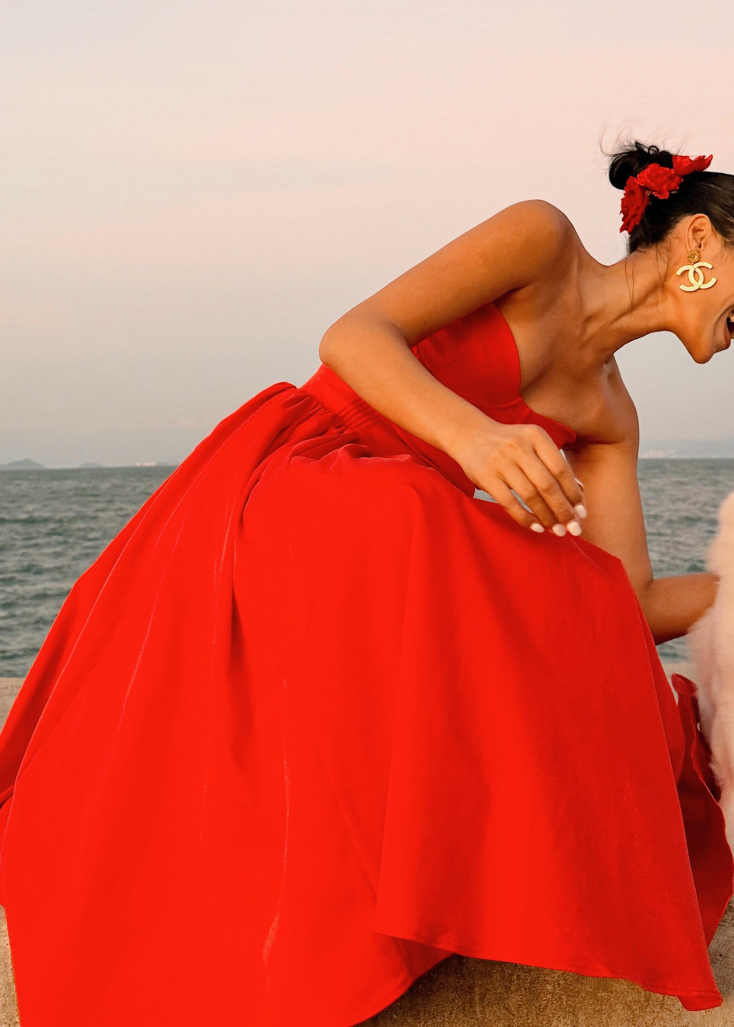 Strapless Summer Cotton Italian Patchwork Red Dress Wrinkled