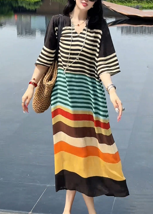 Striped V Italian Summer Dress Neck Rainbow Silk