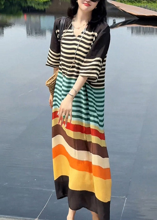Striped V Italian Summer Dress Neck Rainbow Silk