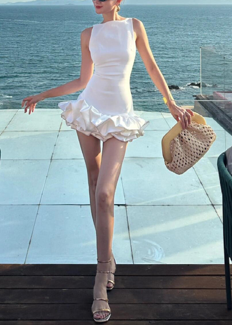 Italian Dress Solid Backless Sleeveless Cotton White Party