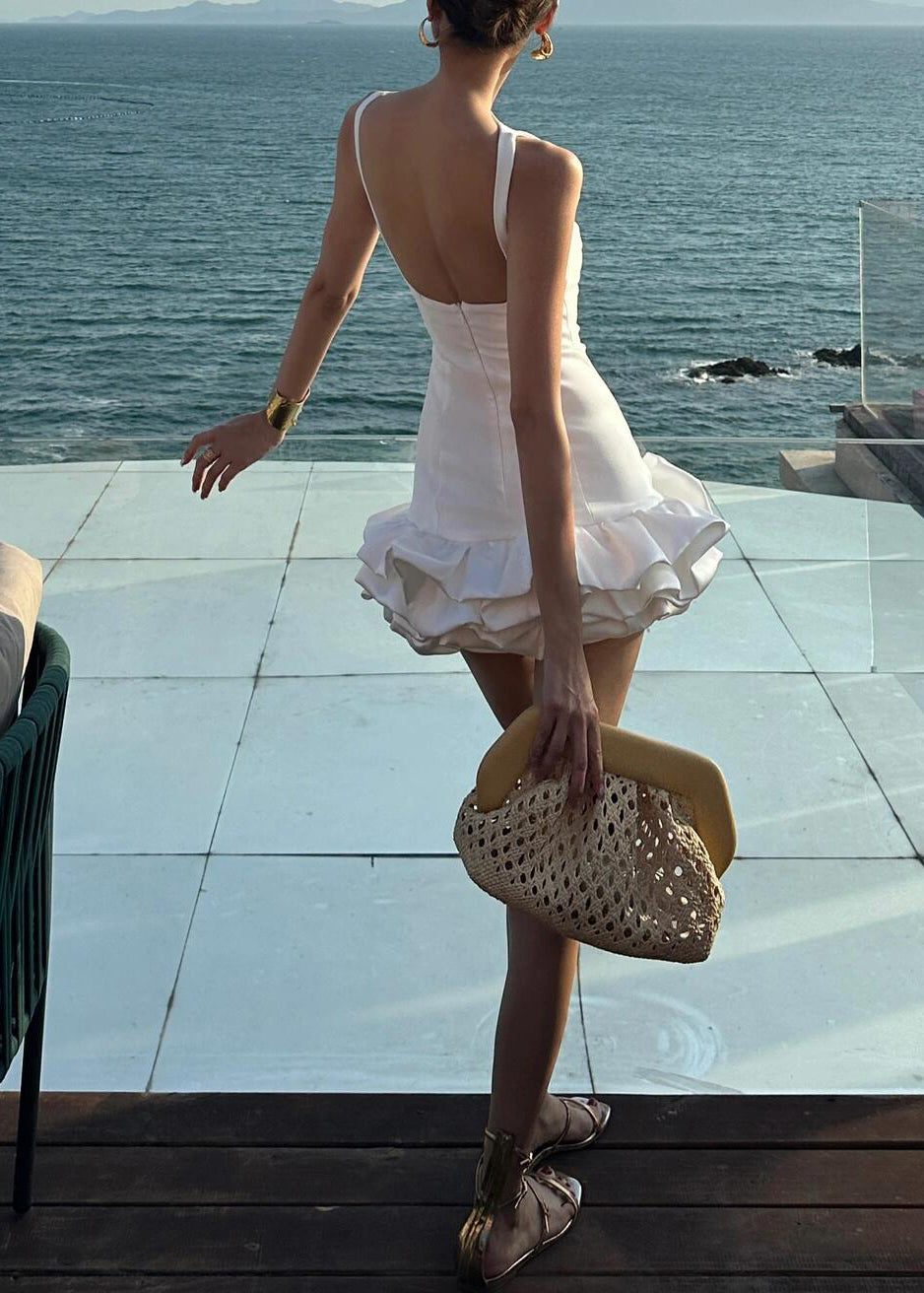 Italian Dress Solid Backless Sleeveless Cotton White Party