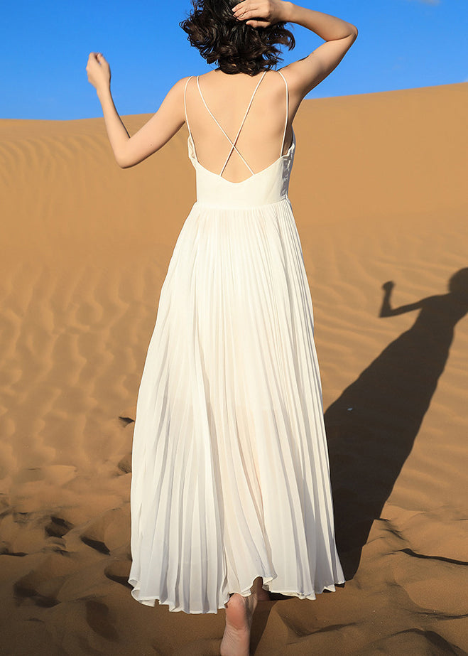 Spaghetti Italian Dress Backless Wrinkled White Strap Chiffon