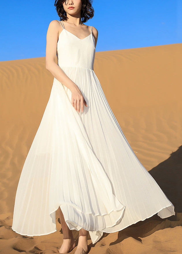 Spaghetti Italian Dress Backless Wrinkled White Strap Chiffon