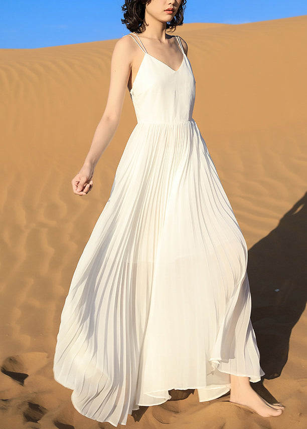 Spaghetti Italian Dress Backless Wrinkled White Strap Chiffon