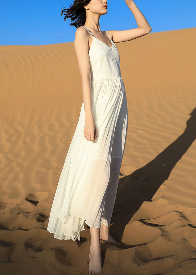Spaghetti Italian Dress Backless Wrinkled White Strap Chiffon