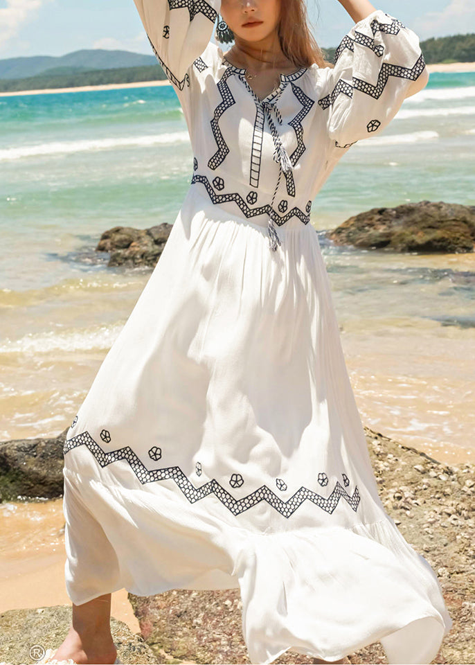 Embroidered Lace Fall Cotton Italian Dresses White Long Up