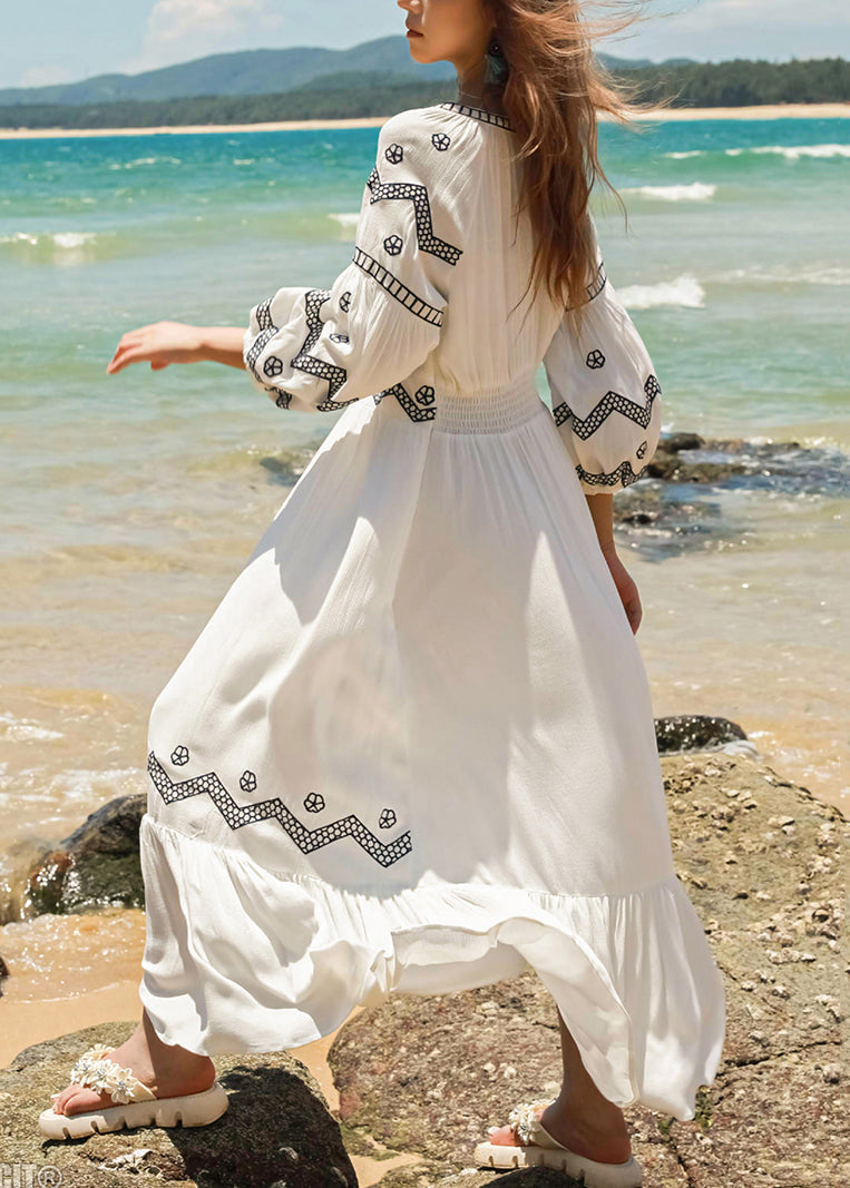 Embroidered Lace Fall Cotton Italian Dresses White Long Up