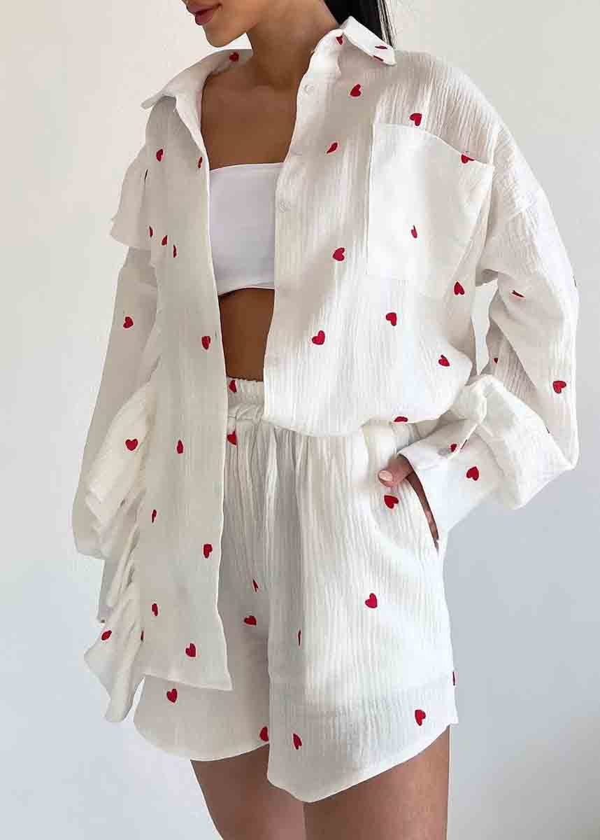 Cotton Pieces Italian Set Love Two Print Pajamas Ruffled White