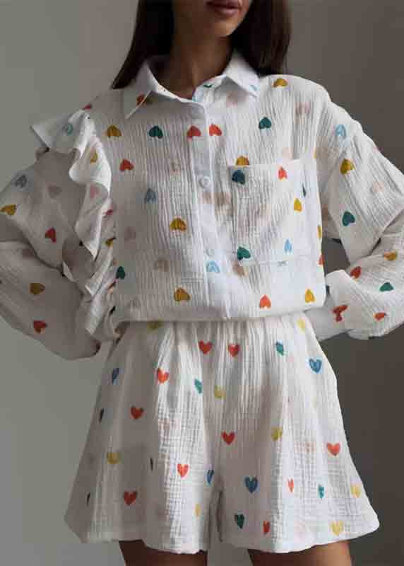 Cotton Pieces Italian Set Love Two Print Pajamas Ruffled White