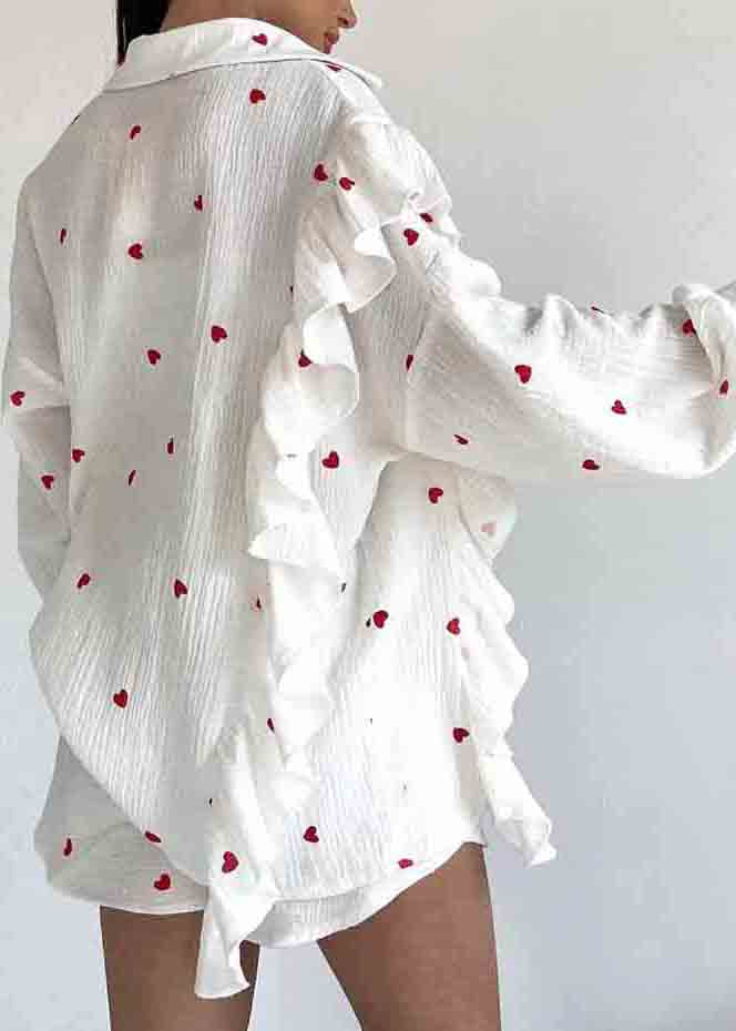Cotton Pieces Italian Set Love Two Print Pajamas Ruffled White