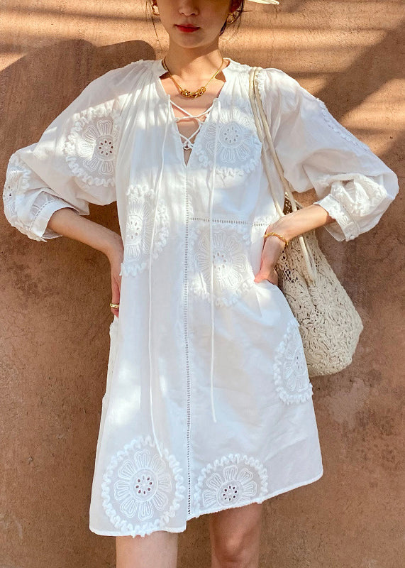 Embroidery Out Cotton Hollow White Half Neck Italian Dress V Mid