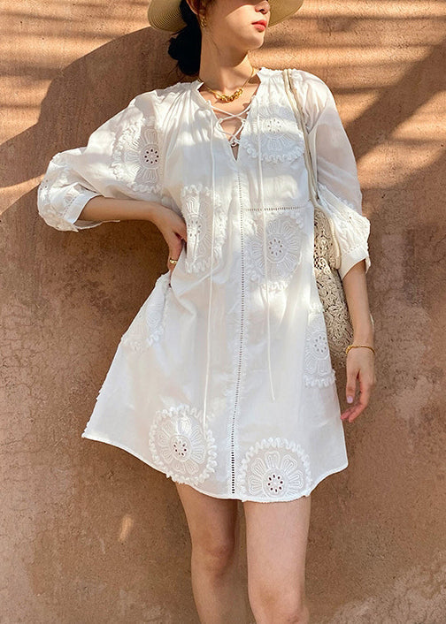 Embroidery Out Cotton Hollow White Half Neck Italian Dress V Mid