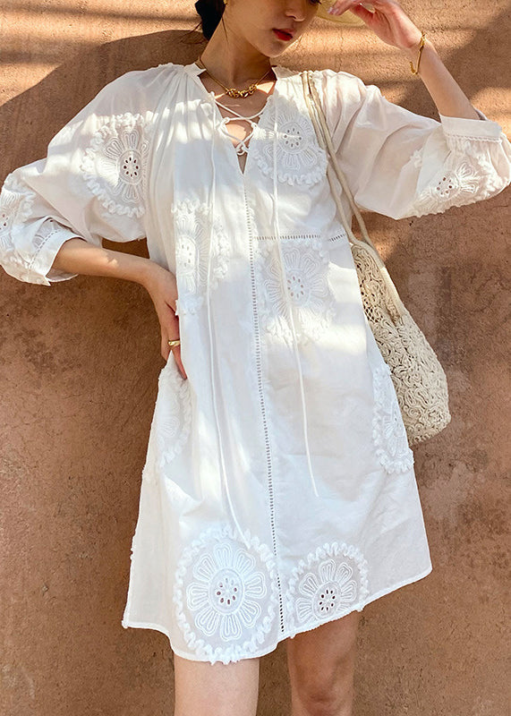 Embroidery Out Cotton Hollow White Half Neck Italian Dress V Mid