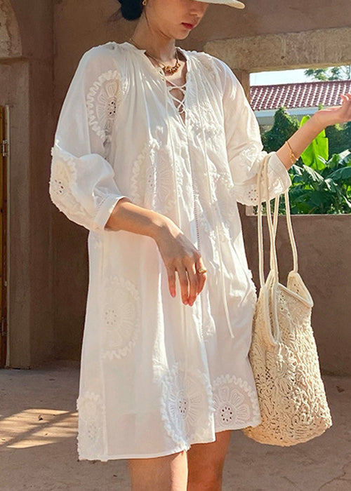 Embroidery Out Cotton Hollow White Half Neck Italian Dress V Mid