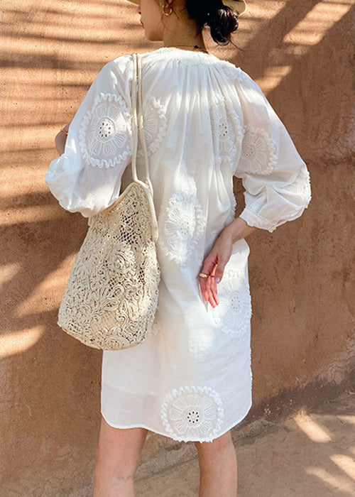 Embroidery Out Cotton Hollow White Half Neck Italian Dress V Mid