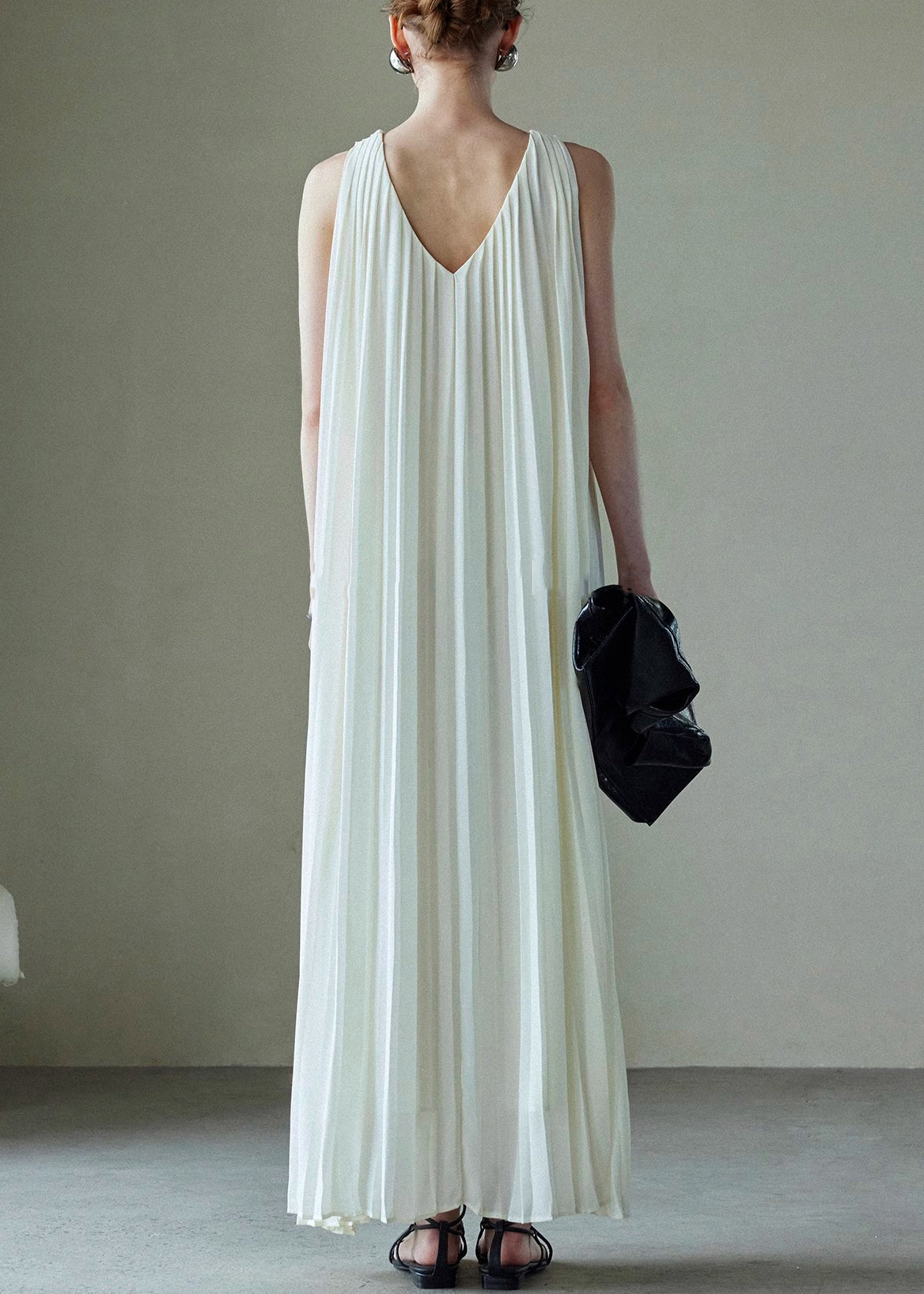 Italian Neck Maxi Chiffon V Wrinkled Dresses White Solid