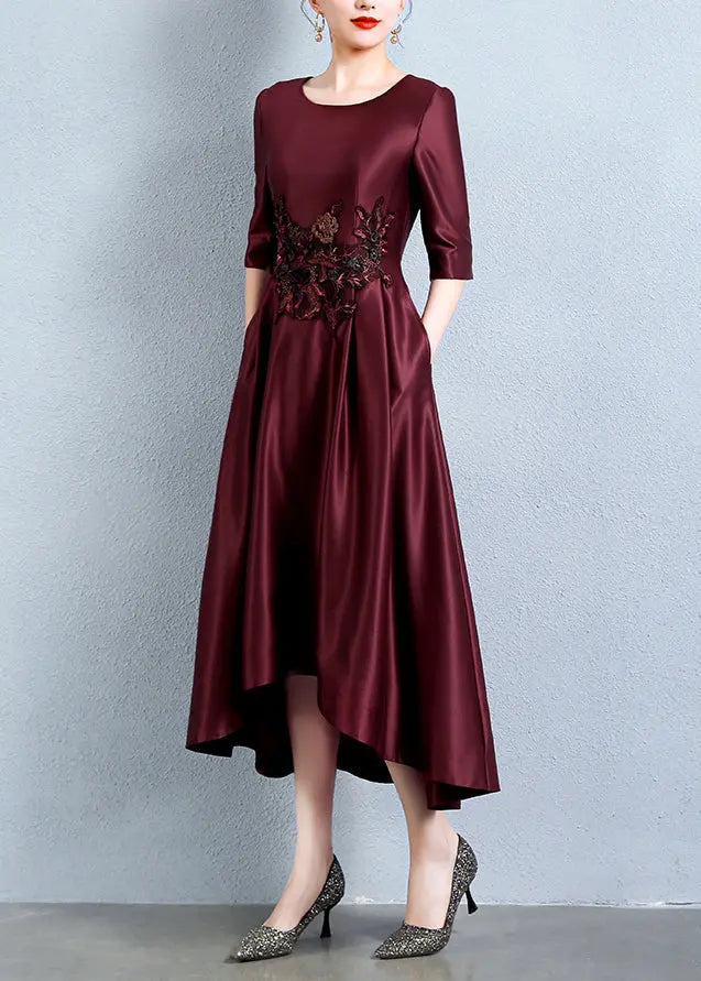 Italian Wine Red Embroidered Pockets Patchwork Silk Dress Half Sleeve Ada Fashion